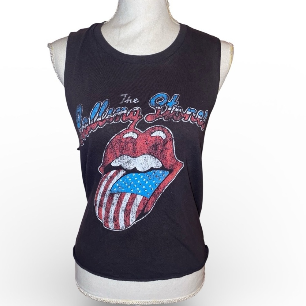 ROLLING STONES USA Band Tee-Shirt Cropped Sleeveless Distressed Black Red SZ Med